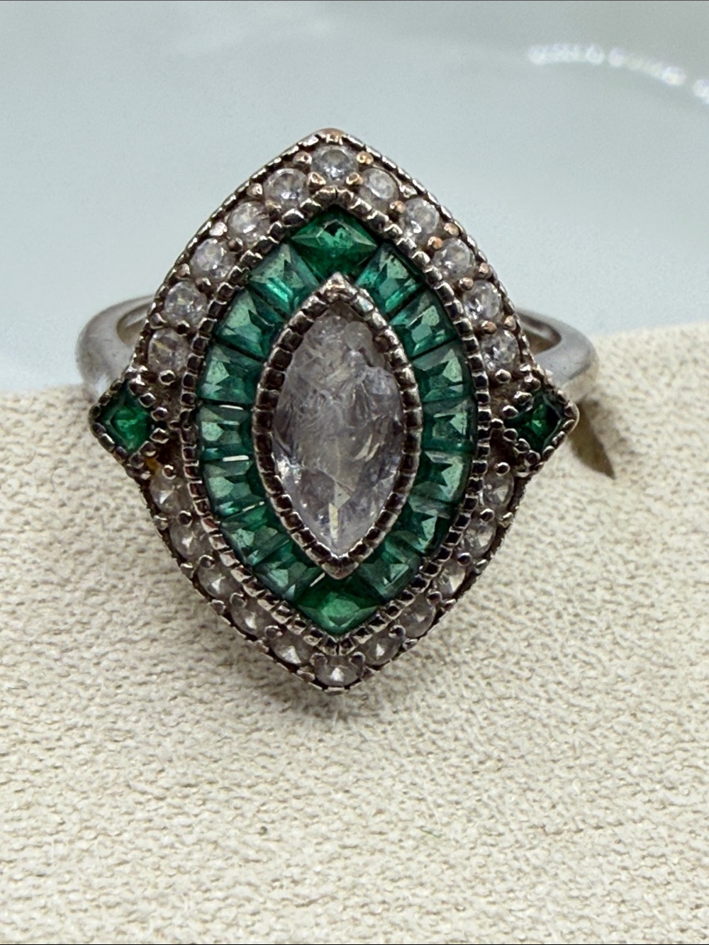 Emerald color Halo Marquise Ring Green & White art deco Statement 925 stamp Sz 5